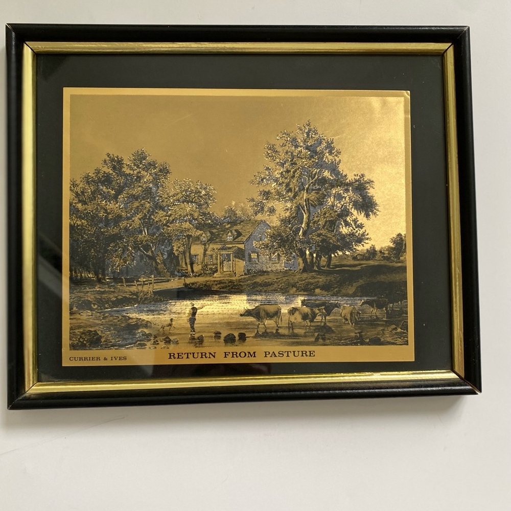 Vintage 1974 Currier & Ives "Return from Pasture" Gold Foil Lithograph
Framed
